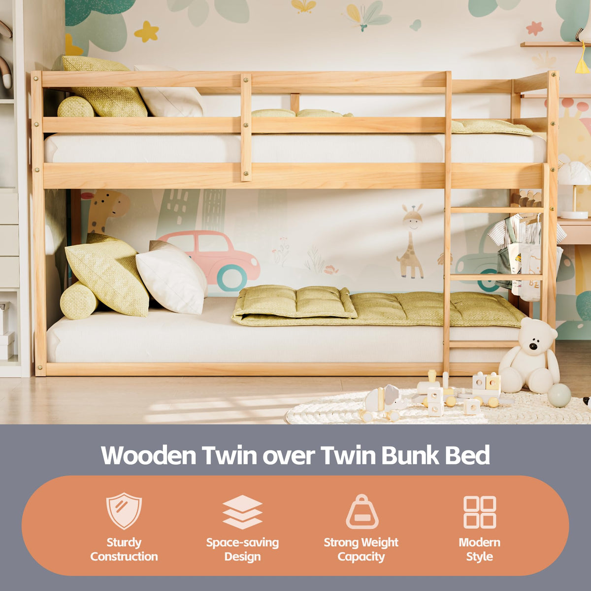 Twin Over Twin Low Bunk Bed with Ladder and Guardrails L32304