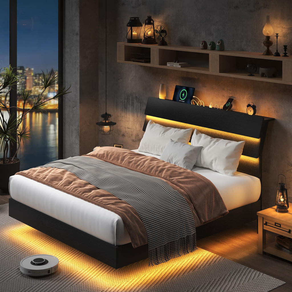 Black Queen Size Floating Bed Frame with Storage Headboard U3559