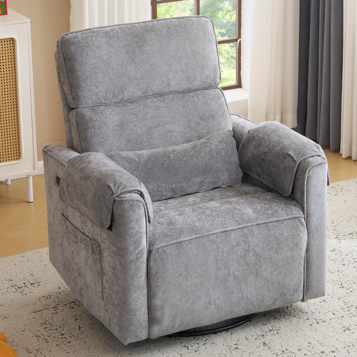 Oversized Swivel Rocking Recliner Chair with USB Ports, Grey D656041