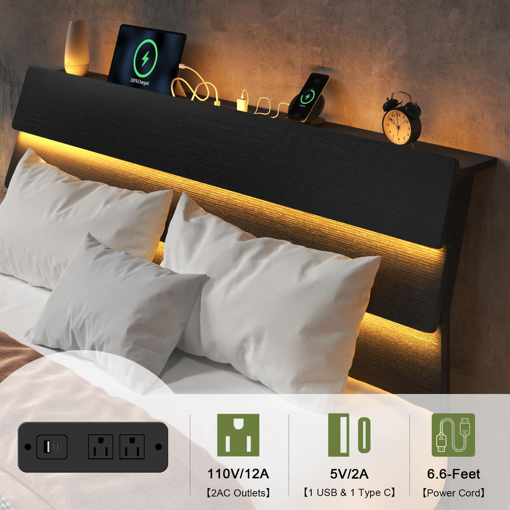 Black Queen Size Floating Bed Frame with Storage Headboard U3559