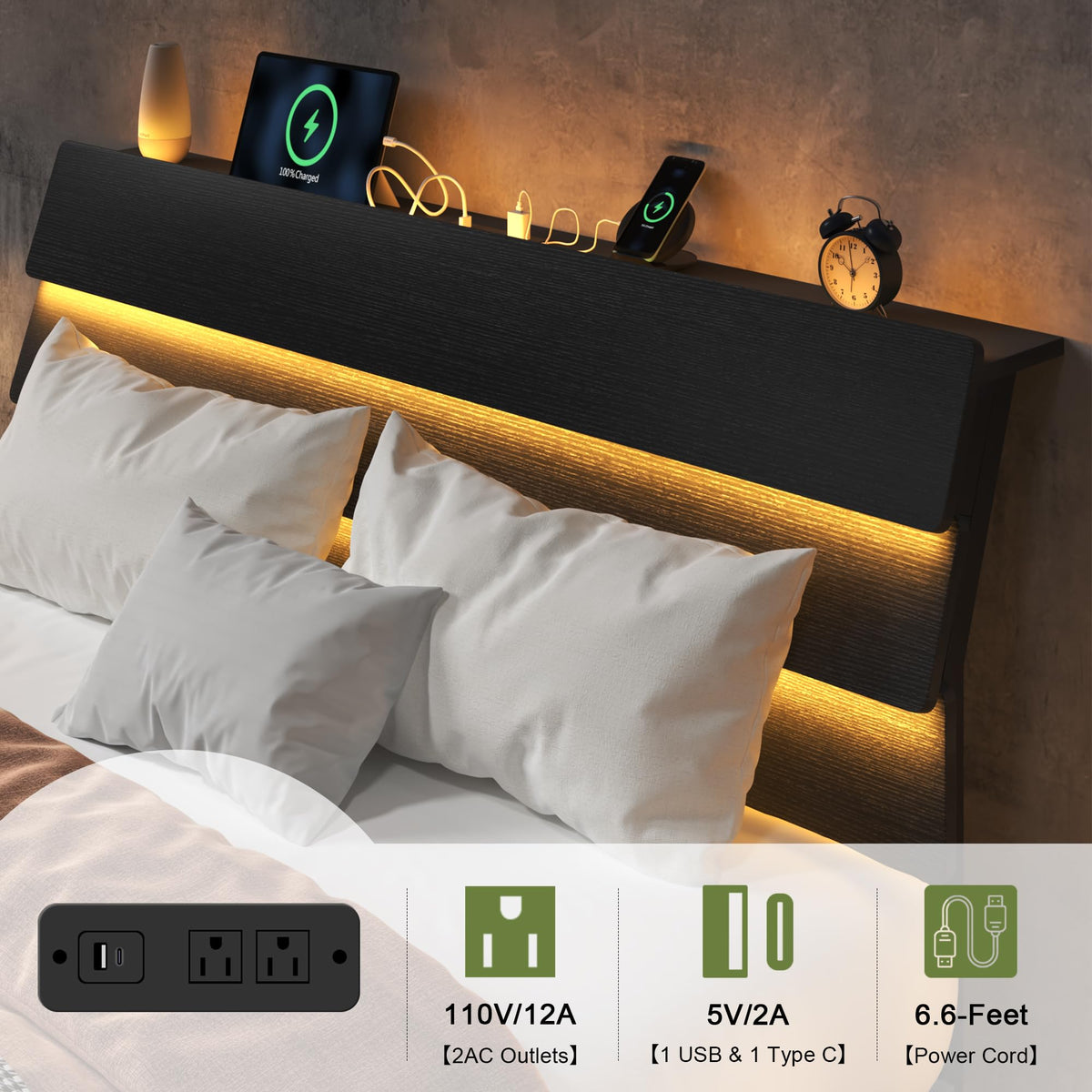 Black Queen Size Floating Bed Frame with Storage Headboard U3559