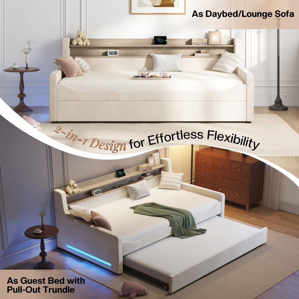 Twin Upholstered Daybed with Trundle and Storage Headboard O572204