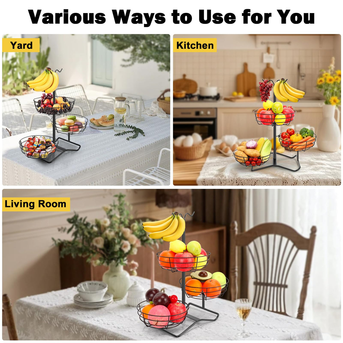 3 Tier Fruit Basket Bowl with 2 Banana Hooks C74912