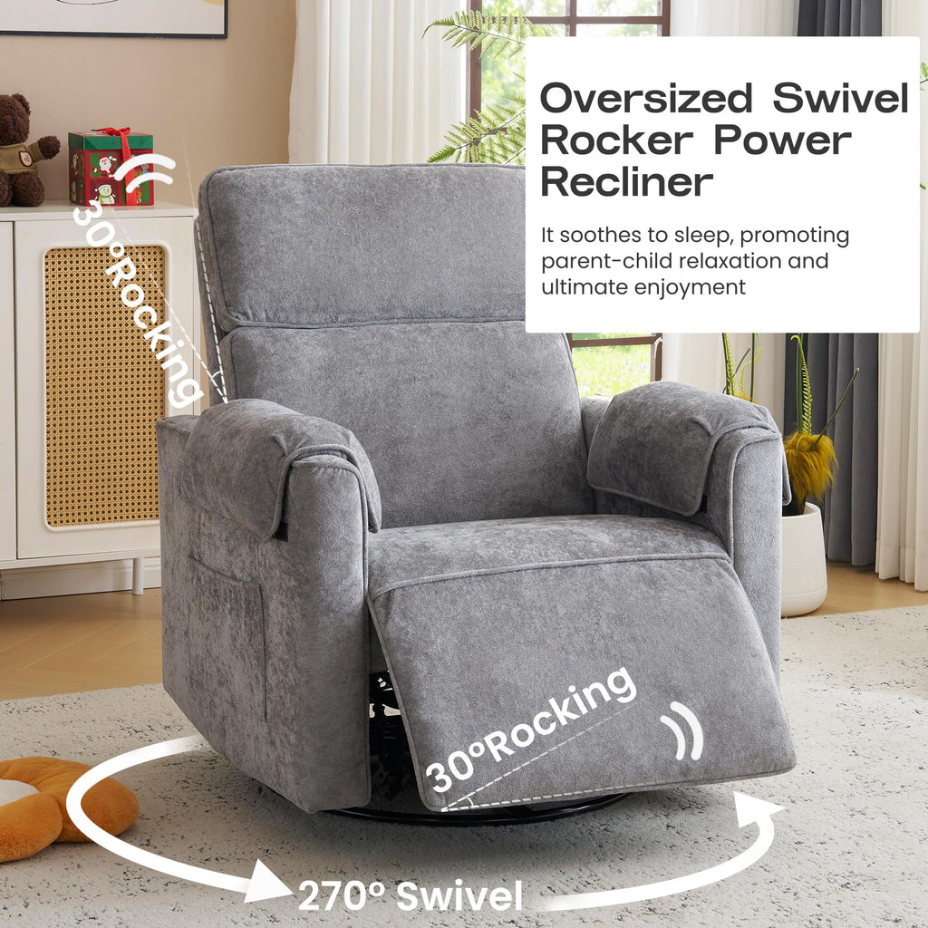 Oversized Swivel Rocking Recliner Chair with USB Ports, Grey D656041