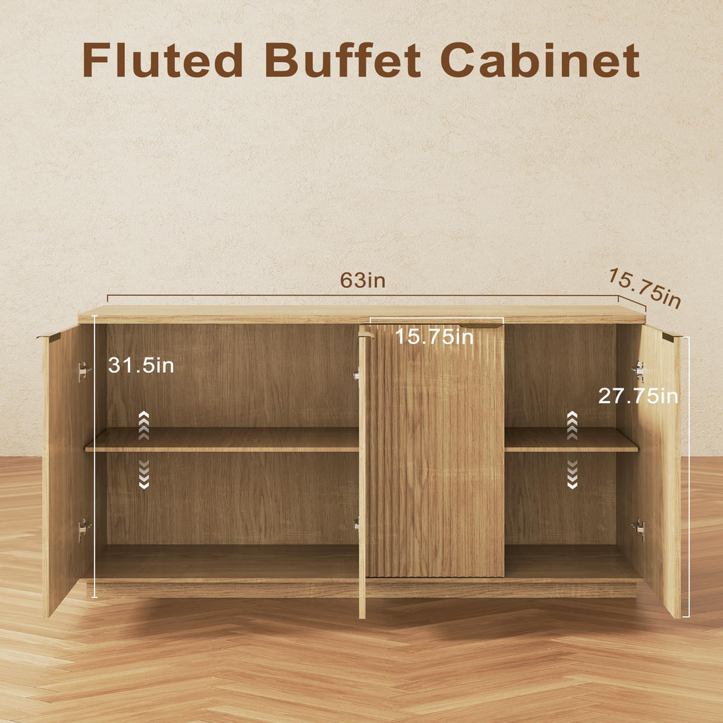 Natural Oak Fluted Wooden Sideboard Cabinet with 4 Doors R1632