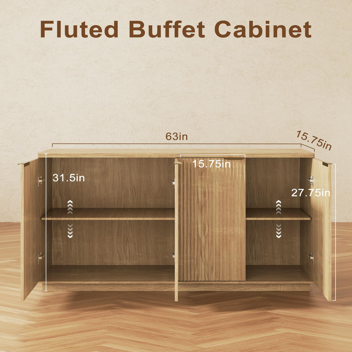 Natural Oak Fluted Wooden Sideboard Cabinet with 4 Doors R1632