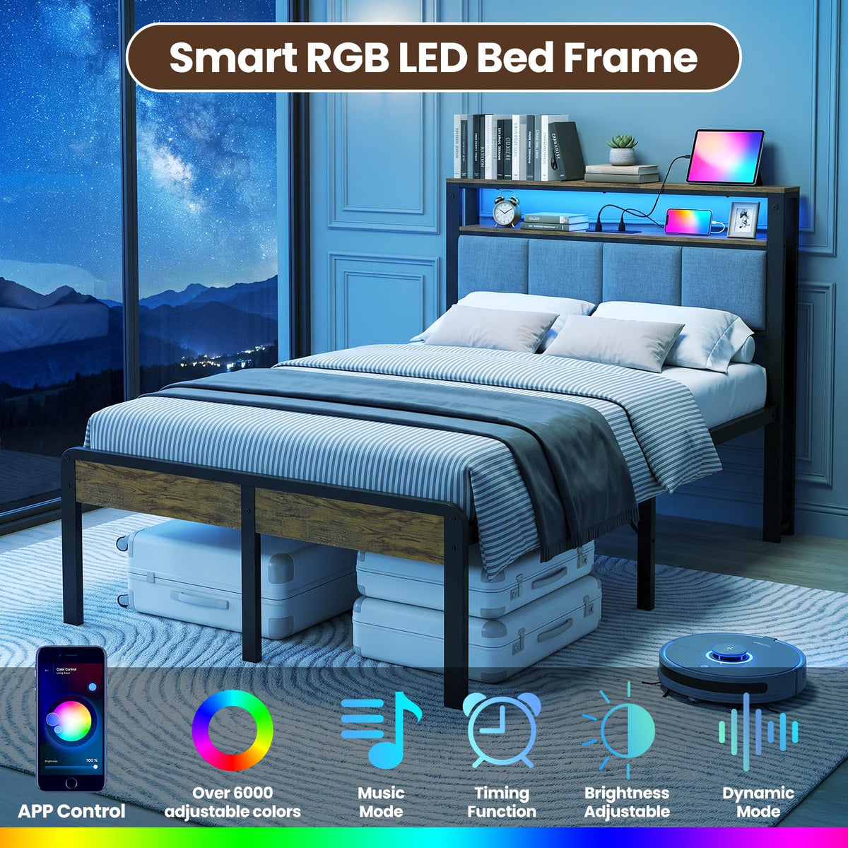 Twin Bed Frame with 18-Inch Under-Bed Storage and RGB LED Lights W496
