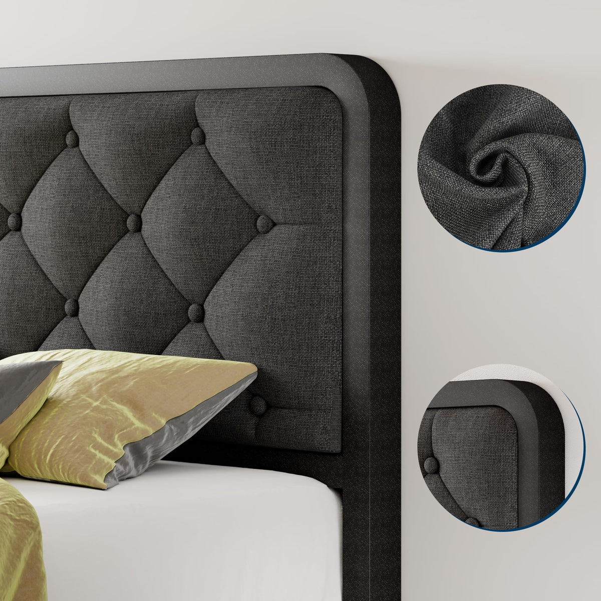Twin Metal Platform Bed Frame with Linen Upholstered Headboard B340
