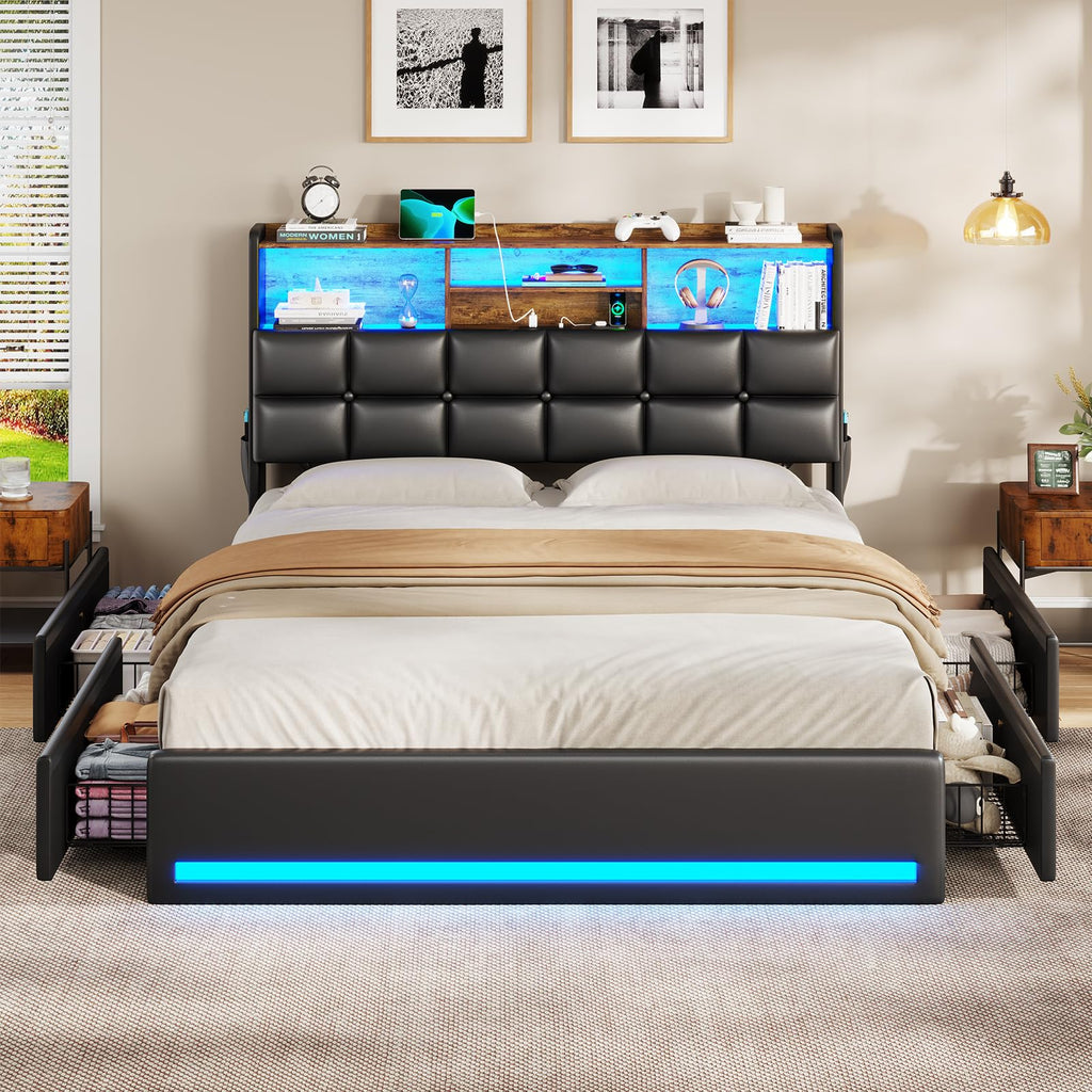 Black Full Size Upholstered Platform Bed Frame with Bookcase Headboard and 4 Drawers M80679