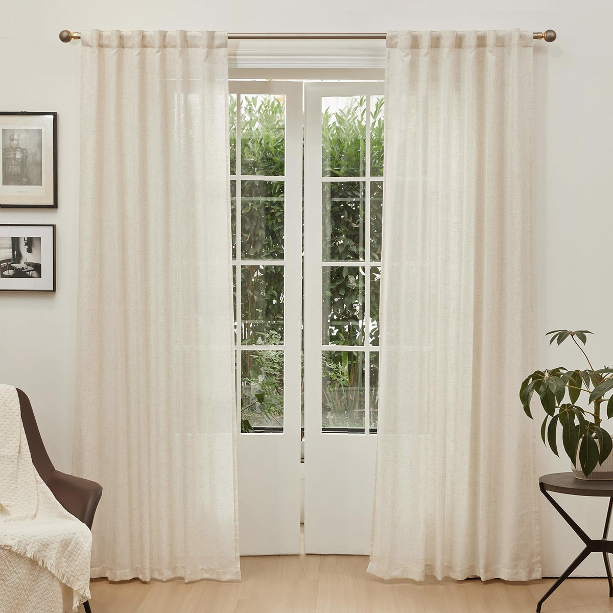 90 Inches Long Semi Sheer Linen Curtains, 2 Panels N322