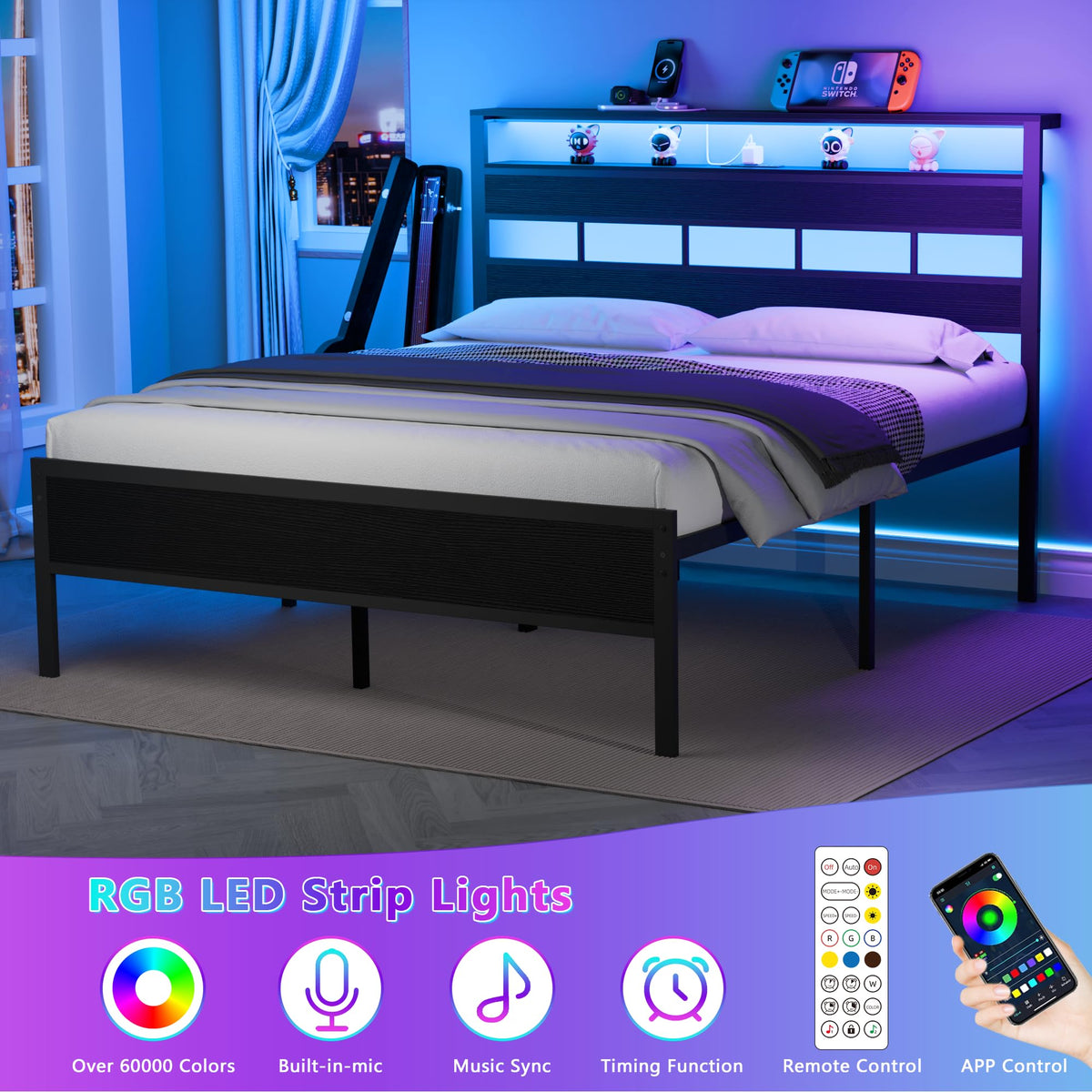 Queen Bed Frame with Storage Headboard and LED Lights N38898