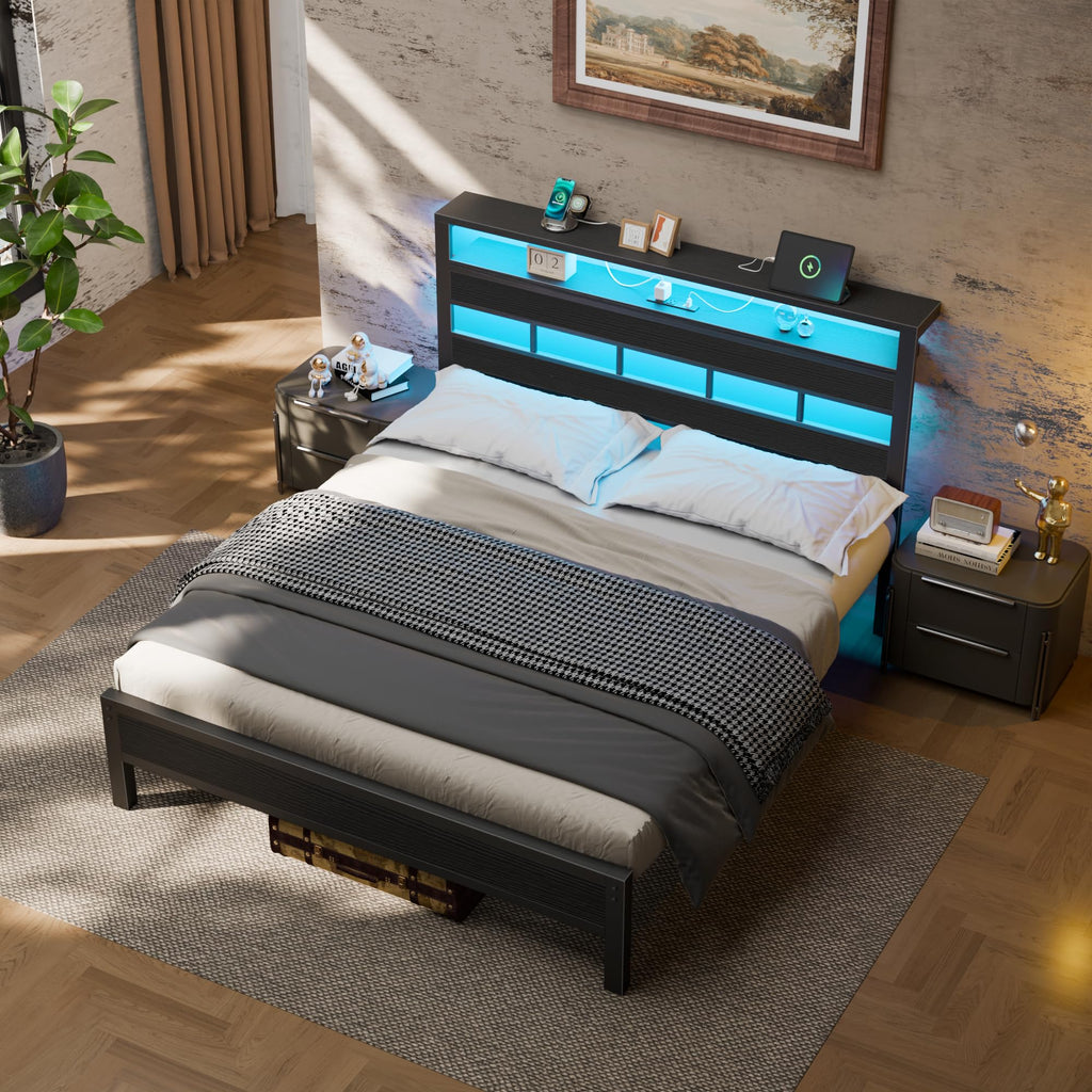 Queen Bed Frame with Storage Headboard and LED Lights N38898