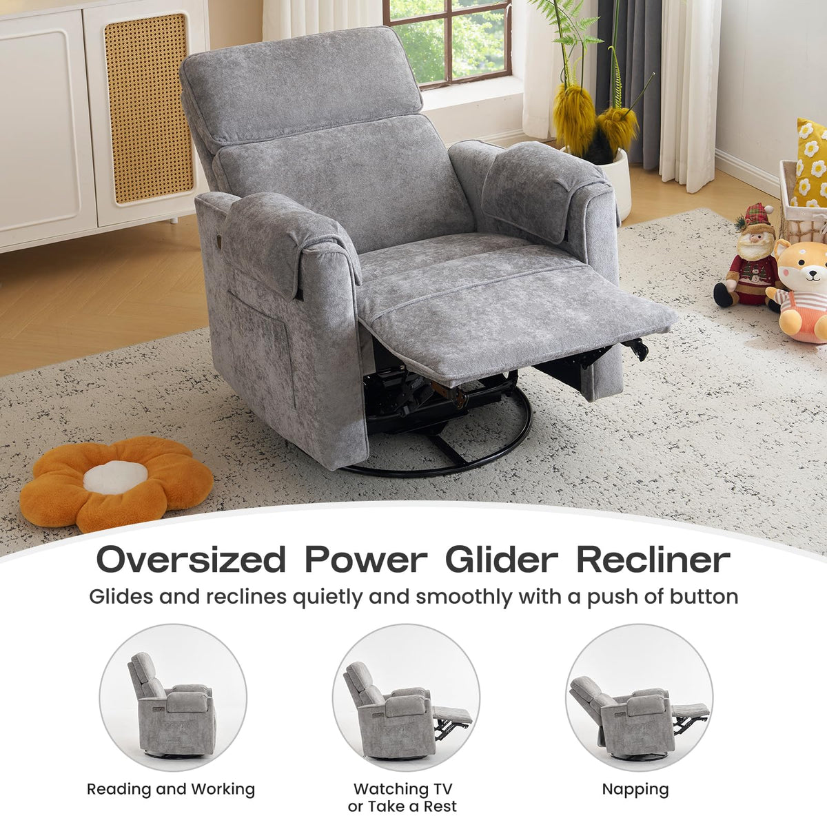 Oversized Swivel Rocking Recliner Chair with USB Ports, Grey D656041