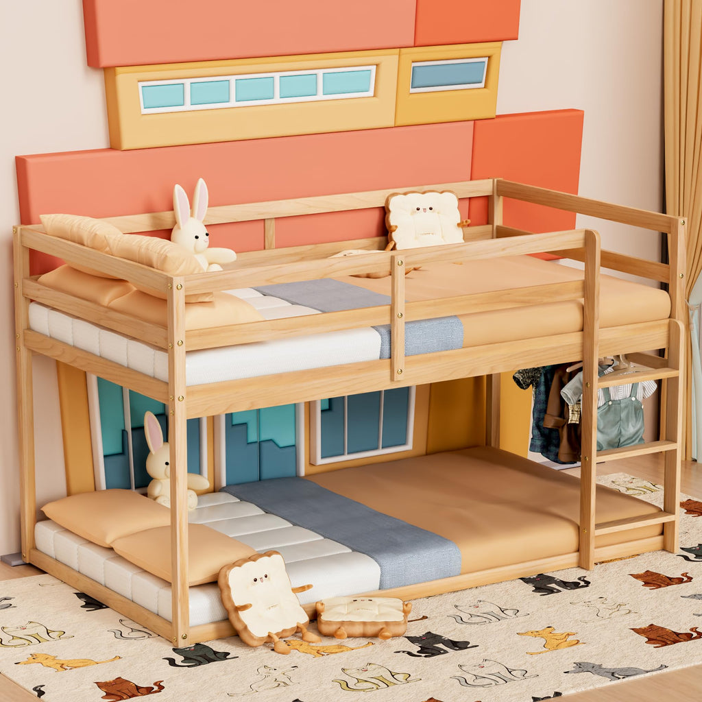 Twin Over Twin Low Bunk Bed with Ladder and Guardrails L32304