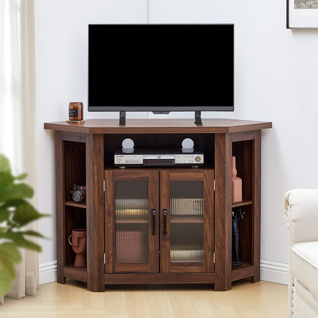 Corner TV Stand for TVs up to 48 Inch with Storage Shelves and 2 Doors M93324