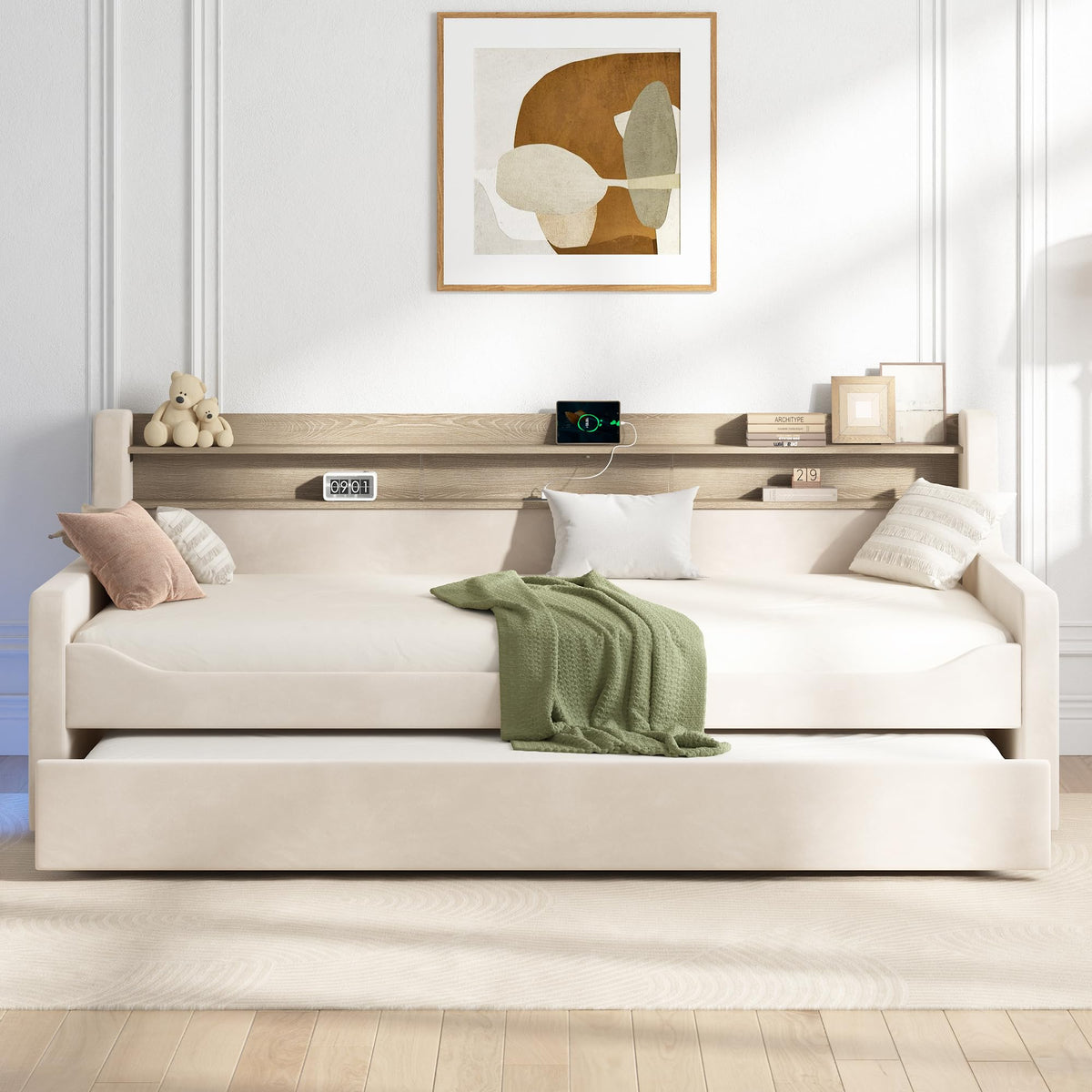 Twin Upholstered Daybed with Trundle and Storage Headboard O572204