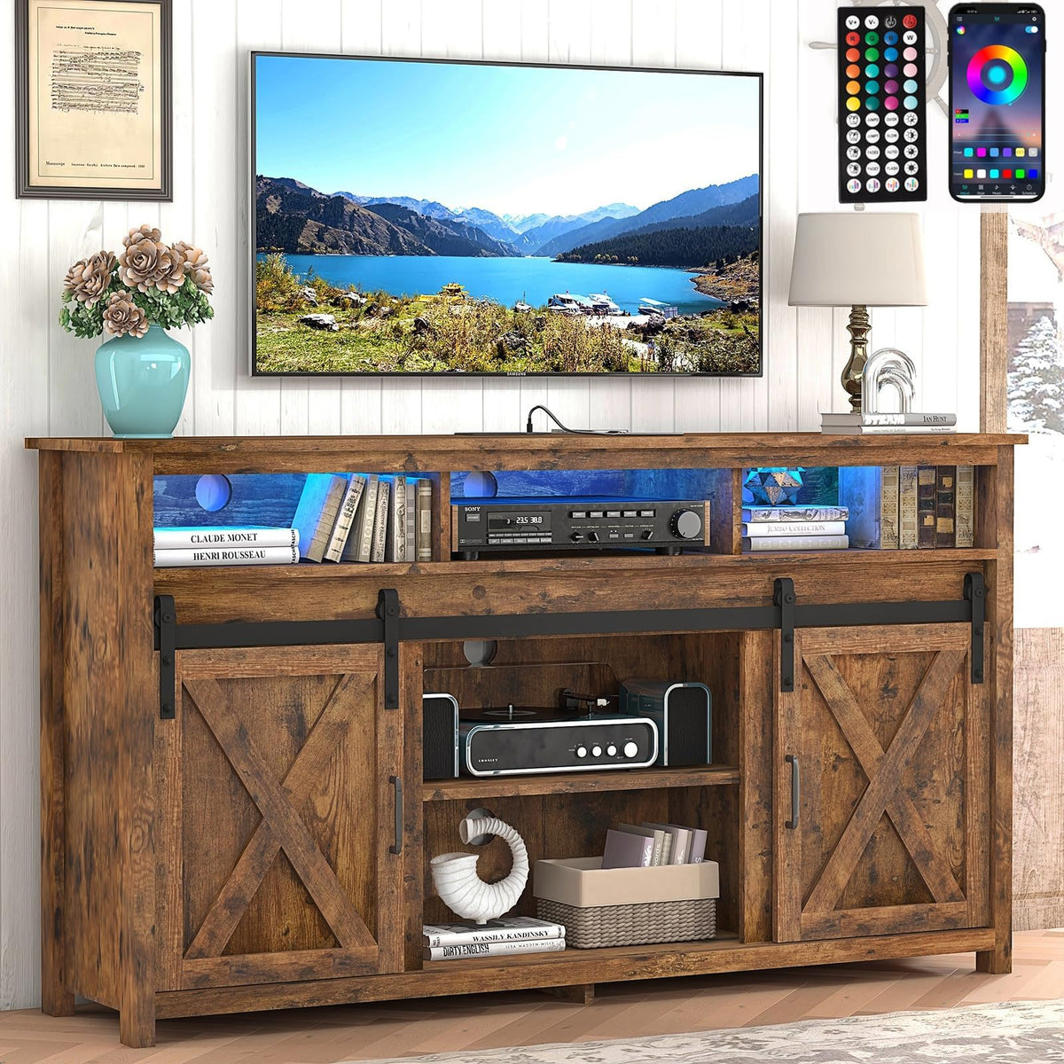 57In Wooden Farmhouse TV Stand with Sliding Barn Door K78396