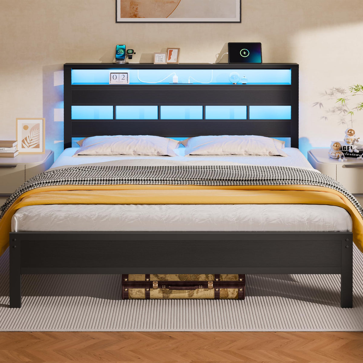 Queen Bed Frame with Storage Headboard and LED Lights N38898