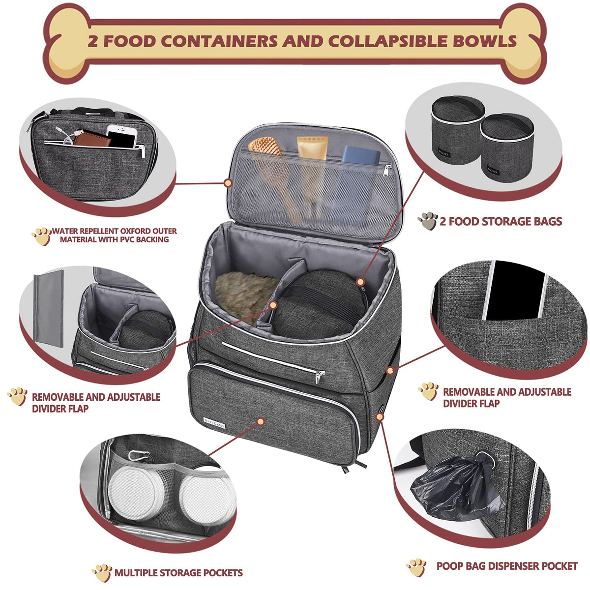 Dog Travel Bag Backpack with 2 Silicone Collapsible Bowls and 2 Food Baskets Grey O30009