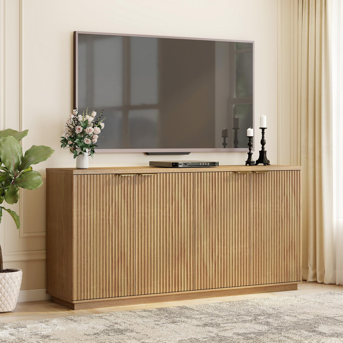 Natural Oak Fluted Wooden Sideboard Cabinet with 4 Doors R1632