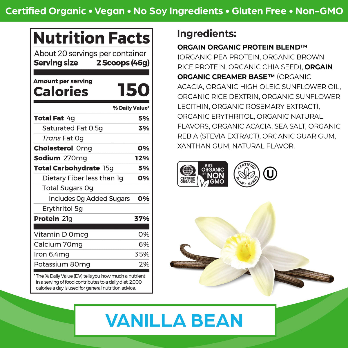 Organic Vegan Protein + Superfoods Powders Vanilla Bean T230