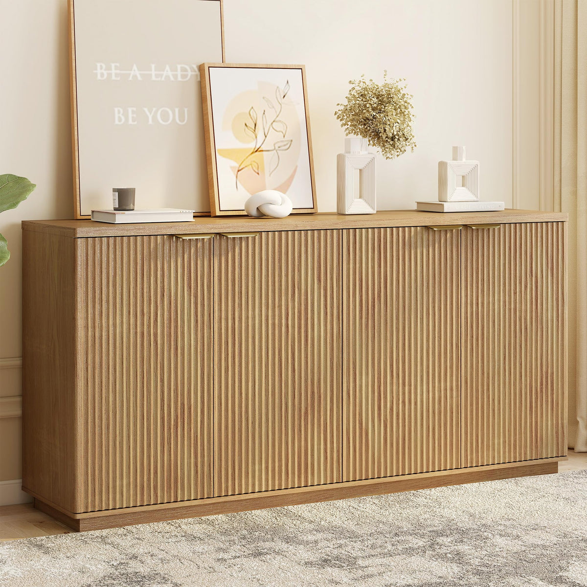 Natural Oak Fluted Wooden Sideboard Cabinet with 4 Doors R1632