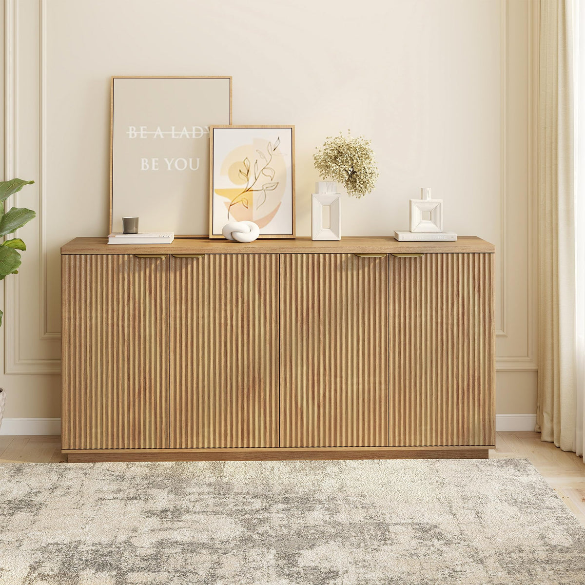 Natural Oak Fluted Wooden Sideboard Cabinet with 4 Doors R1632