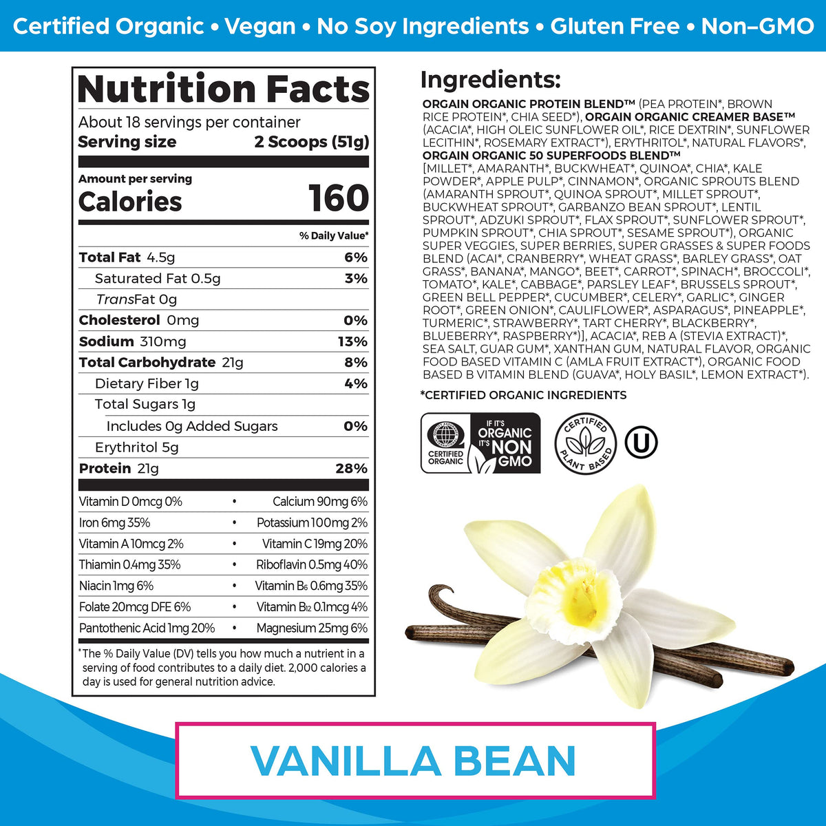 Organic Vegan Protein + Superfoods Powders Vanilla Bean T230