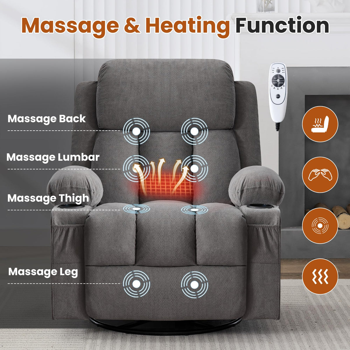 Swivel Rocker Recliner Chair with Massage and Heat F8621