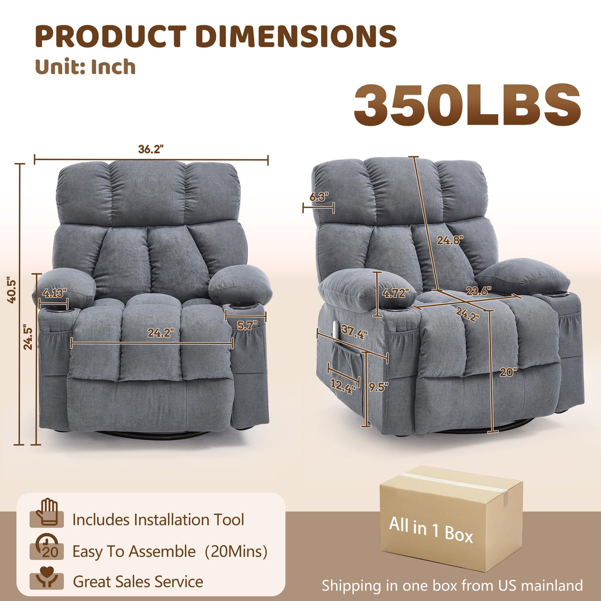 Oversized Grey Swivel Massage Recliner Chair J464605