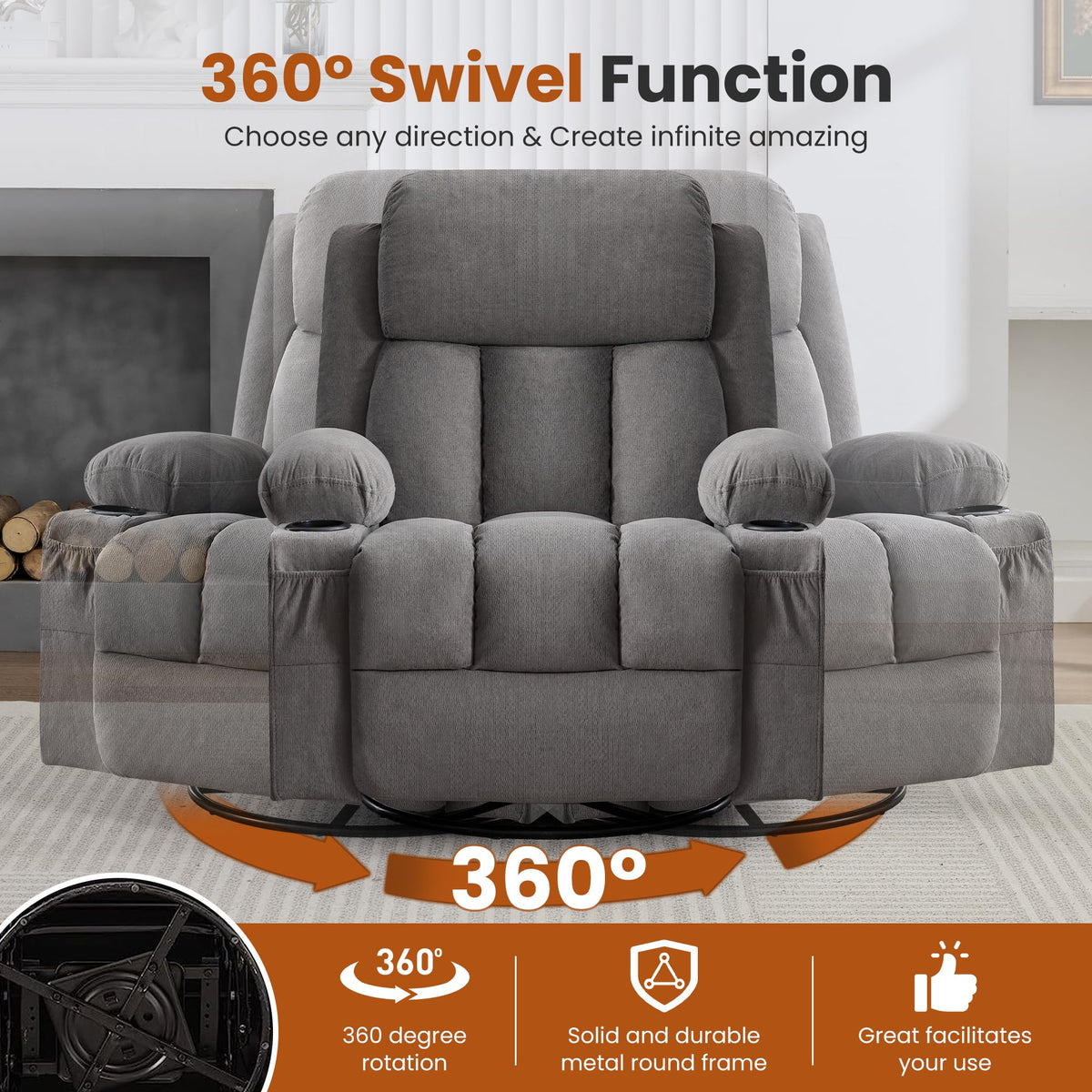 Swivel Rocker Recliner Chair with Massage and Heat F8621