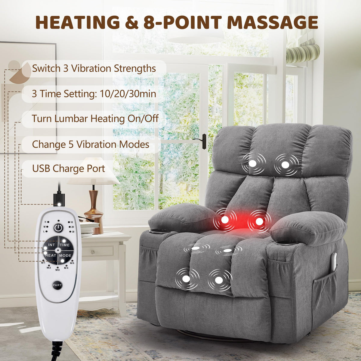 Oversized Grey Swivel Massage Recliner Chair J464605